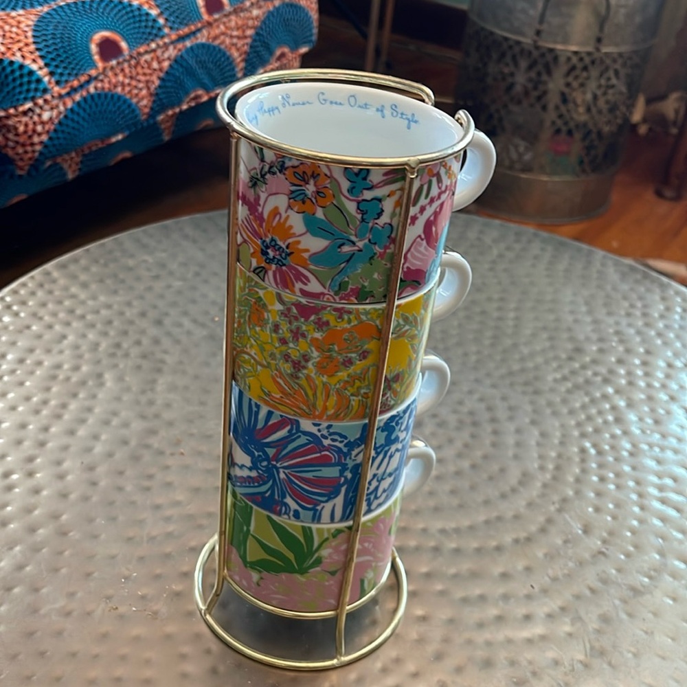 Lilly Pulitzer 4 Stacking Cup Mugs Set 8.8 oz Caddy Stand Target